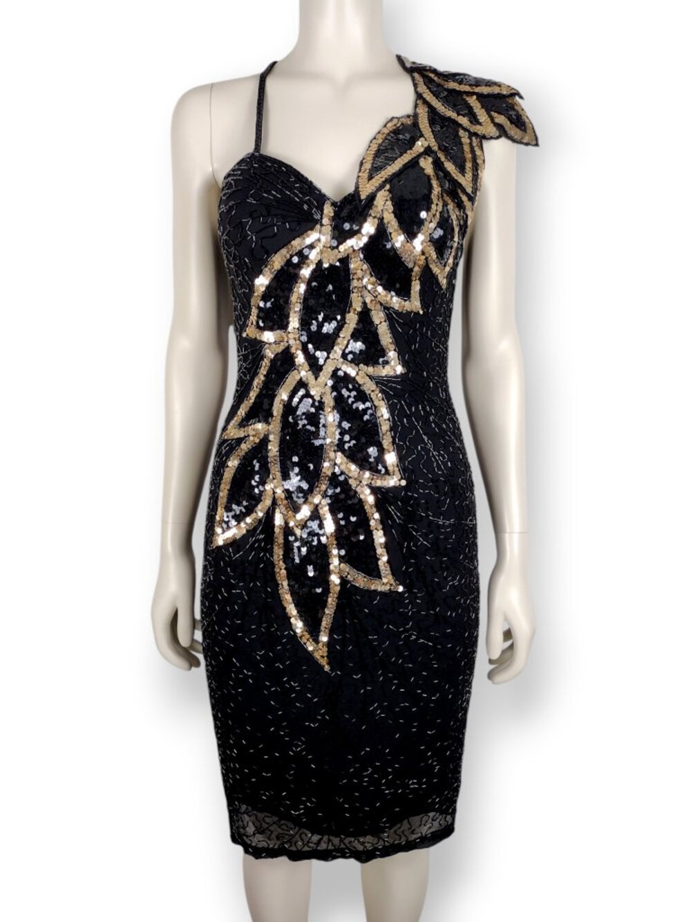 Vintage 1980s Nite Life Silk One Shoulder Sequined Beaded Evening Dress Size XS
